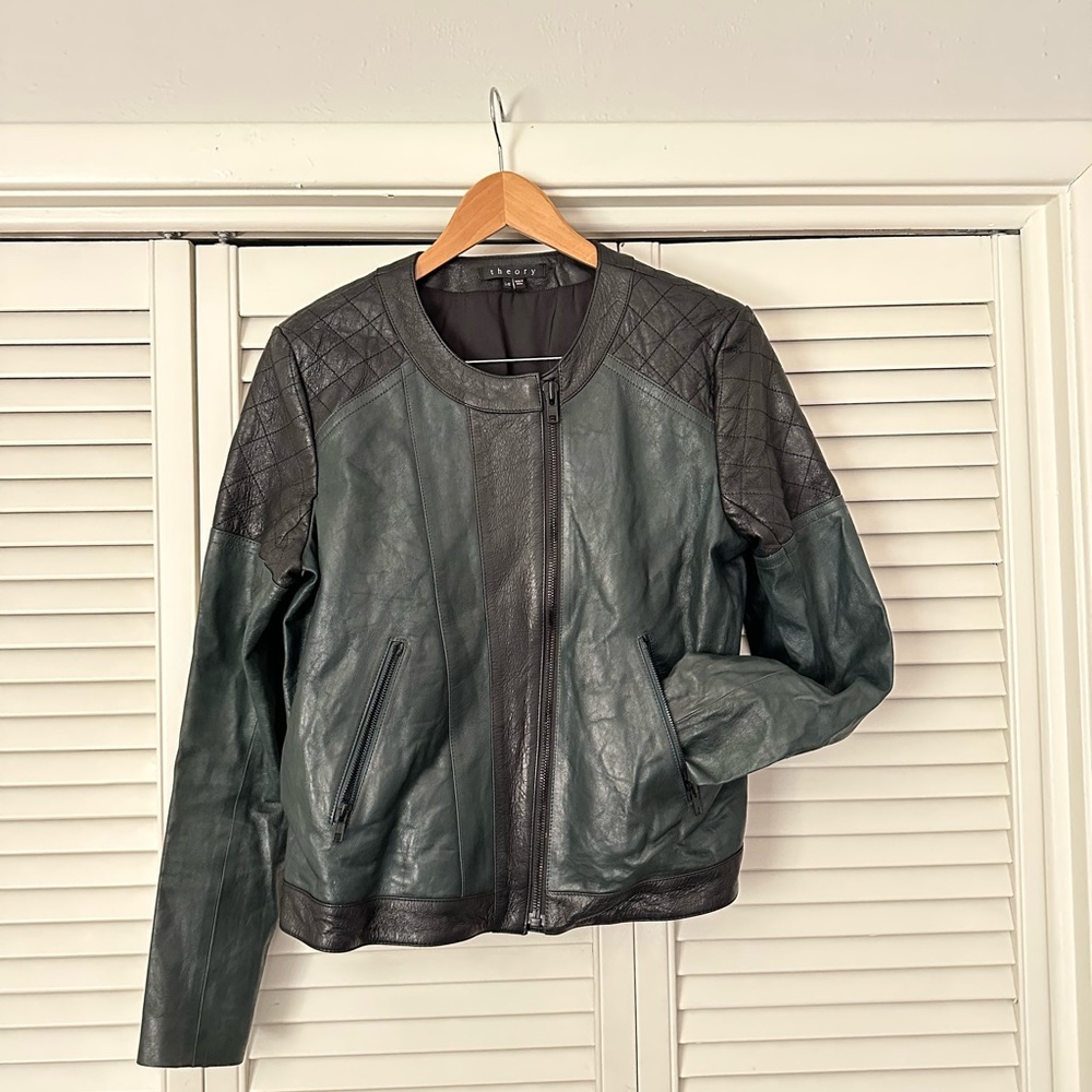Theory Maisie Green and Black Leather Bomber Jacket